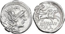 C. Maianius. Denarius, 153 BC. Obv. Helmeted head of Roma right; behind, X. Rev. Victory in biga right; below, C. MAIANI; in exergue, ROMA. Cr. 203/1a...