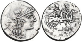 L. Iteius. Denarius, 149 BC. Obv. Helmeted head of Roma right; behind, X. Rev. The Dioscuri galloping right; below, L·ITI; in exergue or in linear fra...