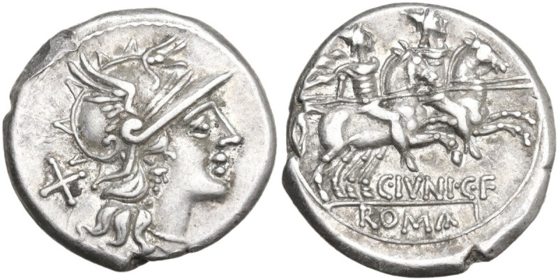 C. Iunius C.f. AR Denarius, 149 BC. Obv. Helmeted head of Roma right; behind, X....