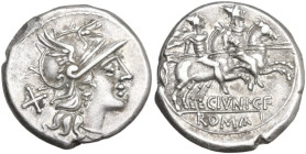 C. Iunius C.f. AR Denarius, 149 BC. Obv. Helmeted head of Roma right; behind, X. Rev. The Dioscuri galloping right; below horses, C. IVNI. C.F; in exe...