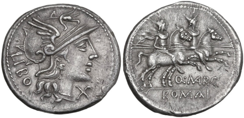 Q. Marcius Libo. Denarius, 148 BC. Obv. Helmeted head of Roma right; behind, LIB...