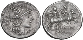 Q. Marcius Libo. Denarius, 148 BC. Obv. Helmeted head of Roma right; behind, LIBO; below chin, X. Rev. The Dioscuri galloping right; below, Q·MARC (MA...