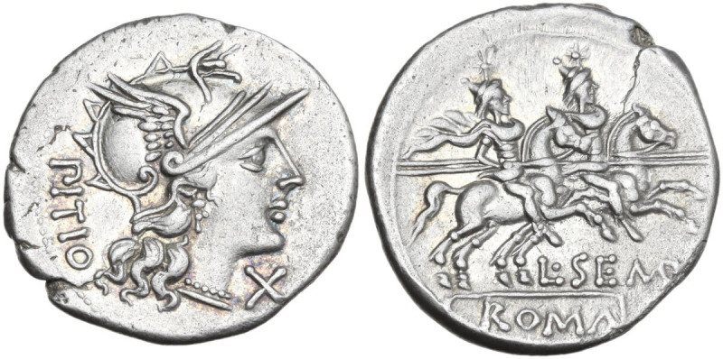 L. Sempronius Pitio. Denarius, 148 BC. Obv. Helmeted head of Roma right; behind,...