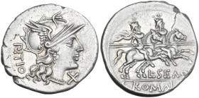 L. Sempronius Pitio. Denarius, 148 BC. Obv. Helmeted head of Roma right; behind, PITIO; below chin, X. Rev. The Dioscuri galloping right; below, L·SEM...