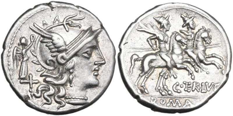 C. Terentius Lucanus. Denarius, 147 BC. Obv. Helmeted head of Roma right; behind...