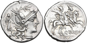 C. Terentius Lucanus. Denarius, 147 BC. Obv. Helmeted head of Roma right; behind, Victory with wreath and X. Rev. The Dioscuri galloping right; below,...