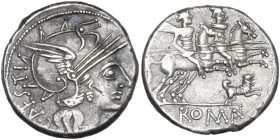C. Antestius. Denarius, 146 BC. Obv. Helmeted head of Roma right; behind, C. ANTESTI (ANTE ligate); below chin, X. Rev. The Dioscuri galloping right; ...