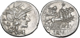 Aurelius Rufus. AR Denarius, 144 BC. Obv. Helmeted head of Roma right; behind, X. Rev. Jupiter in quadriga right; below horses, AVRVF ligate; in exerg...