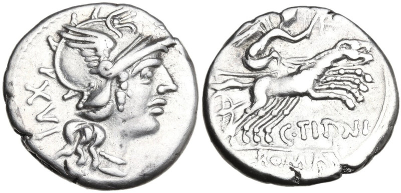 C. Titinius. Denarius, 141 BC. Obv. Helmeted head of Roma right with necklace of...