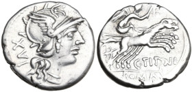 C. Titinius. Denarius, 141 BC. Obv. Helmeted head of Roma right with necklace of beads; behind, XVI. Rev. Victory in biga right; below, C·TITINI; in e...