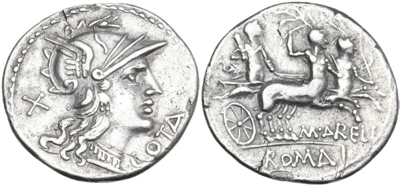 M. Aurelius Cotta. Denarius, 139 BC. Obv. Helmeted head of Roma right with neckl...