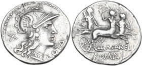 M. Aurelius Cotta. Denarius, 139 BC. Obv. Helmeted head of Roma right with necklace of pendants; behind, X; before, COTA. Rev. Hercules in biga of cen...