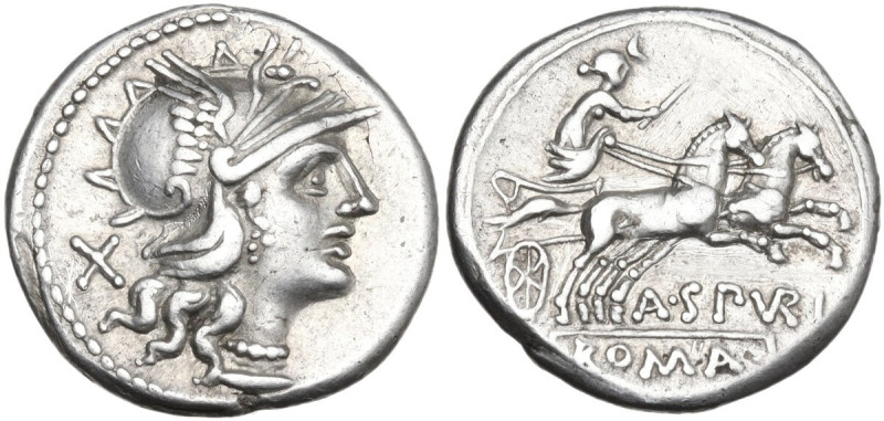 A. Spurilius. Denarius, 139 BC. Obv. Helmeted head of Roma right; behind, X. Rev...