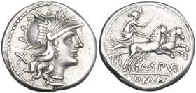 A. Spurilius. Denarius, 139 BC. Obv. Helmeted head of Roma right; behind, X. Rev. Luna in biga right; below, A·SPVRI (VR ligate); in exergue, ROMA. Cr...