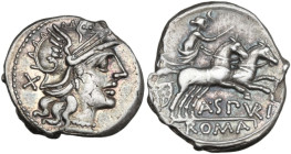 A. Spurilius. Denarius, 139 BC. Obv. Helmeted head of Roma right; behind, X. Rev. Luna in biga right; below, A·SPVRI (VR ligate); in exergue, ROMA. Cr...