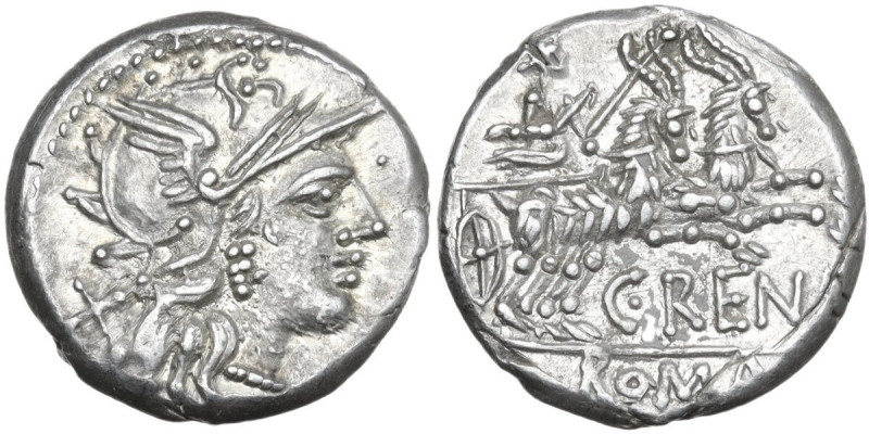 C. Renius. Denarius, 138 BC. Obv. Helmeted head of Roma right; behind, X. Rev. J...