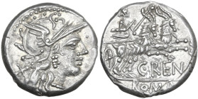C. Renius. Denarius, 138 BC. Obv. Helmeted head of Roma right; behind, X. Rev. Juno in biga of goats right; below, C·RENI; in exergue, ROMA. Cr. 231/1...