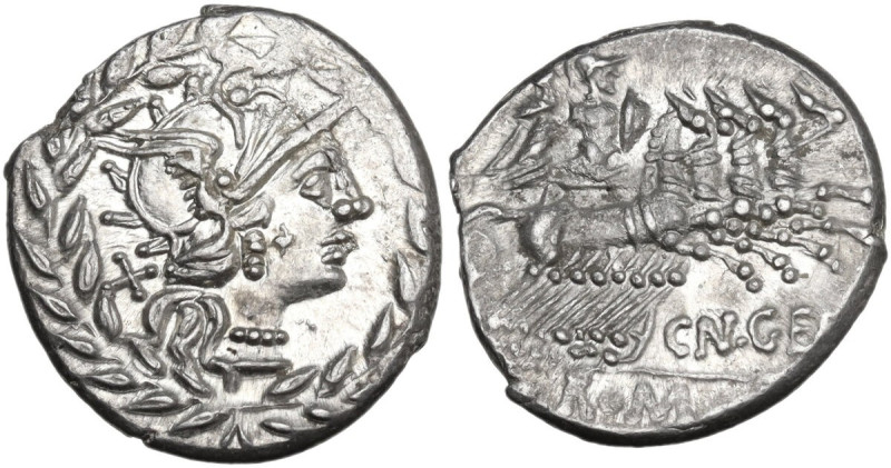 Cn. Gellius. AR Denarius, 138 BC. Obv. Helmeted head of Roma right, X behind, al...