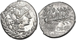 Cn. Gellius. AR Denarius, 138 BC. Obv. Helmeted head of Roma right, X behind, all within laurel-wreath. Rev. Mars and Nerio in quadriga right; below h...