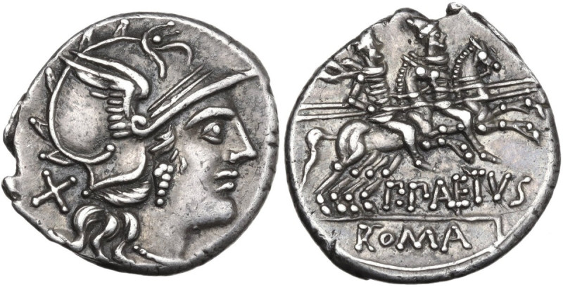 P. Aelius Paetus. Denarius, 138 BC. Obv. Helmeted head of Roma right; behind, X....