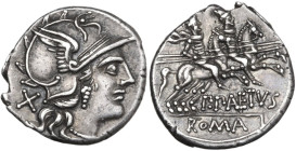 P. Aelius Paetus. Denarius, 138 BC. Obv. Helmeted head of Roma right; behind, X. Rev. The Dioscuri galloping right; below, P·PAETVS; in exergue, ROMA....