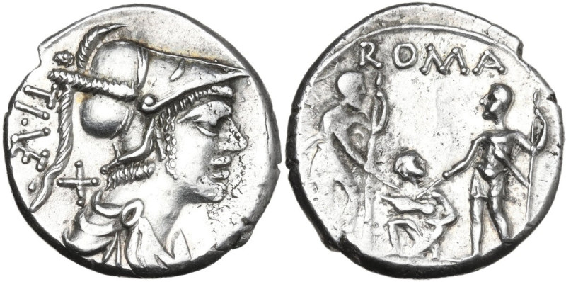 Ti. Veturius. Denarius, 137 BC. Obv. Helmeted and draped bust of Mars right; beh...