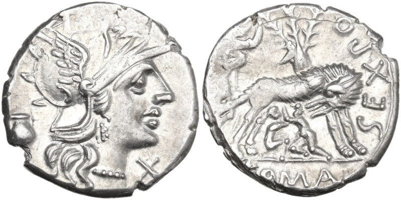 Sex. Pompeius Fostlus. AR Denarius, 137 BC. Obv. Helmeted head of Roma right; be...