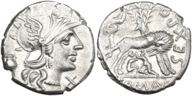 Sex. Pompeius Fostlus. AR Denarius, 137 BC. Obv. Helmeted head of Roma right; below chin, X; behind, jug. Rev. SEX. PO FOSTLVS. She-wolf suckling twin...