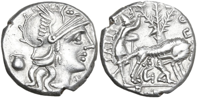 Sex. Pompeius Fostlus. Denarius, 137 BC. Obv. Helmeted head of Roma right; behin...