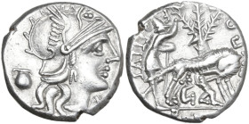 Sex. Pompeius Fostlus. Denarius, 137 BC. Obv. Helmeted head of Roma right; behind, jug; below chin, X. Rev. She-wolf suckling twins; behind, ficus Rum...