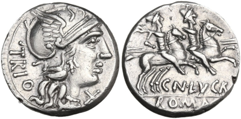 Cn. Lucretius Trio. AR Denarius, 136 BC. Obv. Helmeted head of Roma right; behin...
