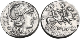 Cn. Lucretius Trio. AR Denarius, 136 BC. Obv. Helmeted head of Roma right; behind, TRIO; below chin, X. Rev. The Dioscuri galloping right; below, CN. ...