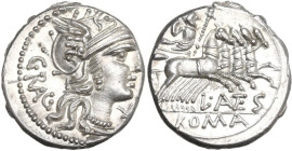 L. Antestius Gragulus. AR Denarius, 136 BC. Obv. Helmeted head of Roma right; below chin, barred X; behind, GRAG. Rev. Jupiter in fast quadriga right,...