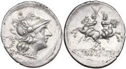 C. Servilius M.f. AR Denarius, 136 BC. Obv. Helmeted head of Roma right; behind, wreath; below, barred X and ROMA. Rev. The Dioscuri galloping in oppo...