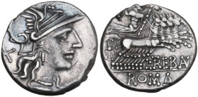 L. Trebanius. Denarius, 135 BC. Obv. Helmeted head of Roma right; on the left, X. Rev. Jupiter in quadriga right; below, L·TREBANI (TR and AN ligate);...