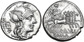 C. Aburius Geminus. Denarius, 134 BC. Obv. Helmeted head of Roma right; behind, GEM; on the right, barred X. Rev. Mars in quadriga right; below, C·ABV...