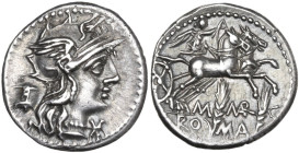 M. Marcius Mn. f. Denarius, 134 BC. Obv. Helmeted head of Roma right; behind, modius; below chin, barred X. Rev. Victory in biga right; below, M·MARC/...