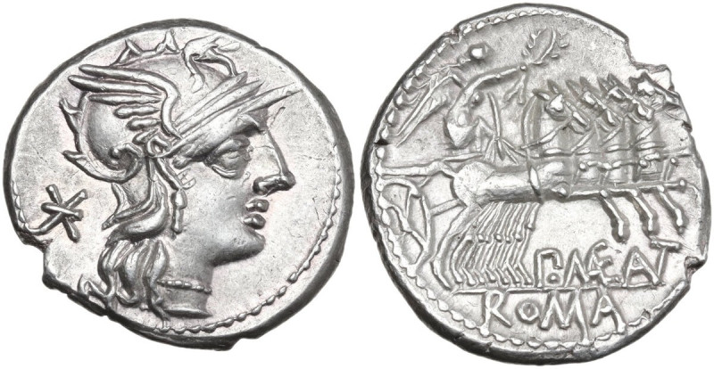 P. Maenius M.f. Antiaticus. Denarius, 130 BC. Obv. Helmeted head of Roma right; ...