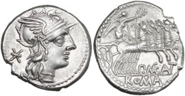 P. Maenius M.f. Antiaticus. Denarius, 130 BC. Obv. Helmeted head of Roma right; behind, barred X. Rev. Victory in quadriga right; below, P·MAE ANT (MA...