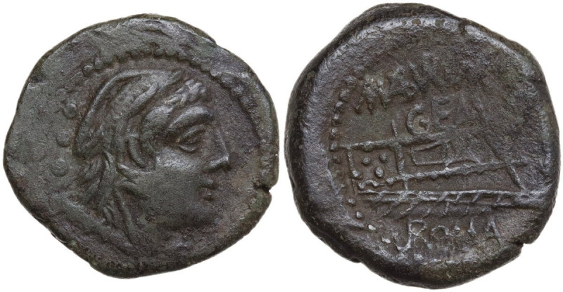 M. Aburius M.f. Geminus. AE Quadrans, 132 BC. Obv. Head of Hercules right; behin...