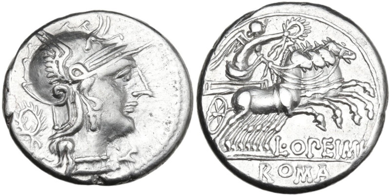 L. Opimius. Denarius, 131 BC. Obv. Helmeted head of Roma right; behind, wreath; ...