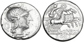 L. Opimius. Denarius, 131 BC. Obv. Helmeted head of Roma right; behind, wreath; below chin, barred X. Rev. Victory in quadriga right; below, L·OPEIMI;...