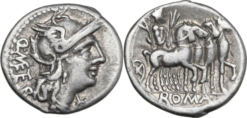 Q. Caecilius Metellus. AR Denarius, 130 BC. Obv. Helmeted head of Roma right; be...