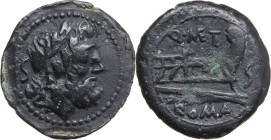 Q. Caecilius Metellus. AE Semis, 130 BC. Obv. Laureate head of Saturn right; behind, S. Rev. Prow right; above, Q·METE ligate; before, S; below, ROMA....