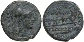 Cn. Domitius Calvinus. AE Triens, 128 BC. Obv. Helmeted head of Minerva right; behind, four pellets. Rev. CN. DOMI. Prow right; before, four pellets a...