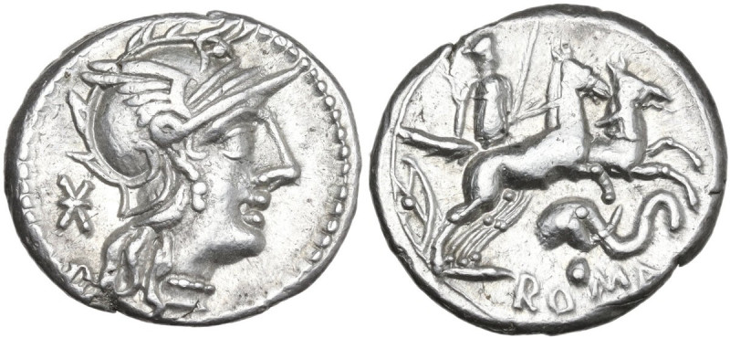 L. Caecilius Metellus Diadematus. Denarius, 128 BC. Obv. Helmeted head of Roma r...