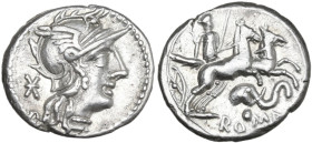 L. Caecilius Metellus Diadematus. Denarius, 128 BC. Obv. Helmeted head of Roma right; behind, barred, X. Rev. Goddess in biga right; below, elephant's...
