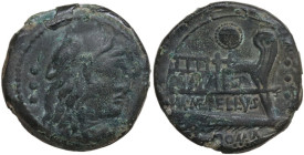 M. Caecilius Q. f. Q. n. Metellus. AE Quadrans, c. 127 BC. Obv. Head of Hercules right, wearing lion skin; behind, three pellets. Rev. Prow right, ins...