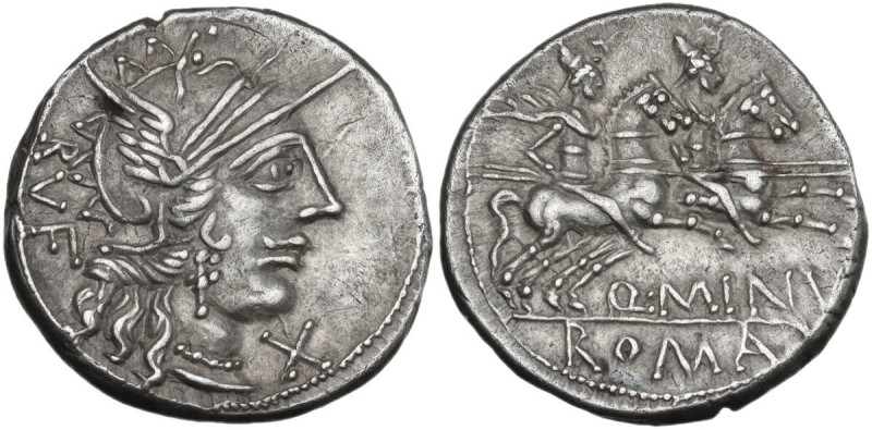 Q. Minucius Rufus. Denarius, 122 BC. Obv. Helmeted head of Roma right; behind, R...