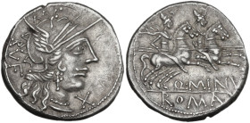 Q. Minucius Rufus. Denarius, 122 BC. Obv. Helmeted head of Roma right; behind, RVF; below chin, X. Rev. The Dioscuri galloping right; below, Q·MINV; i...
